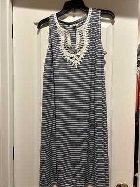 Max Studio Navy & White Striped Sleeveless Midi Dress with Crochet Bib